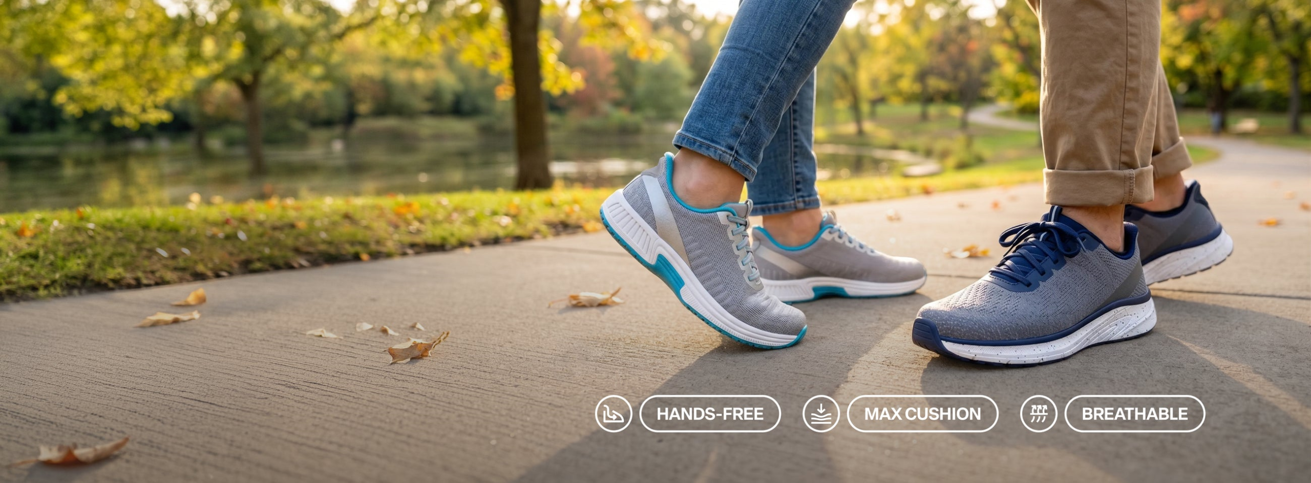 Two people outdoors wearing Kita Hands-Free - Gray/Turquoise & Tilos Hands-Free - Gray/Navy Confetti  sneakers. The scene includes feature callout badges at the bottom: hands-free, arch support, and breathable.
